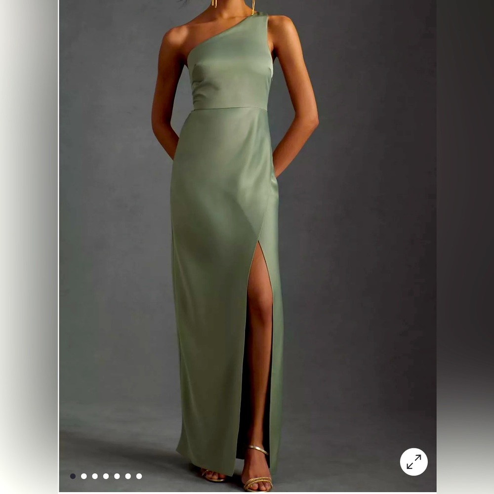 BHLDN Dylan One-Shoulder Satin Side-Slit Gown in Moss